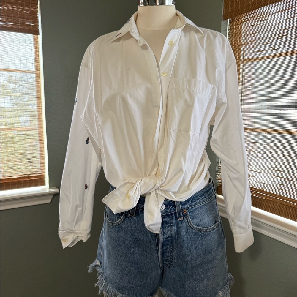 Women's White Button Down Shirt with Floral Embroidery
